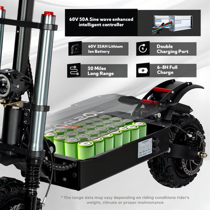 Electric Scooter With Seat, 6000W Power Dual Motor Top Speed 50MPH 60V 35Ah Battery 50 Miles Range, 11 Inch Off - Road Tires For Street Commuting And Limit Offroad - 9 Boss Studio Mp3 store